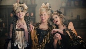 Cinderella's stepmother and her stepsisters in the Into the Woods 2014 movie. In a true form of typecasting for this role, Lucy Punch (on the right) was also in the Cinderella-based movie Ella Enchanted as Ella's stepsister Hattie.